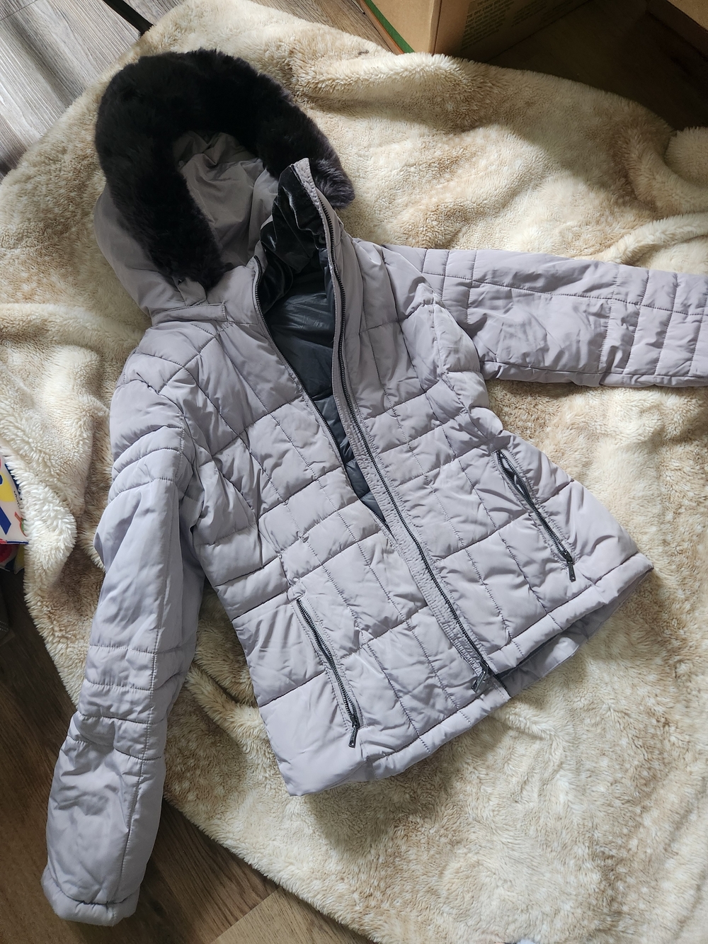 Calvin Klein Black Quilted Jacket with Faux Fur Trim